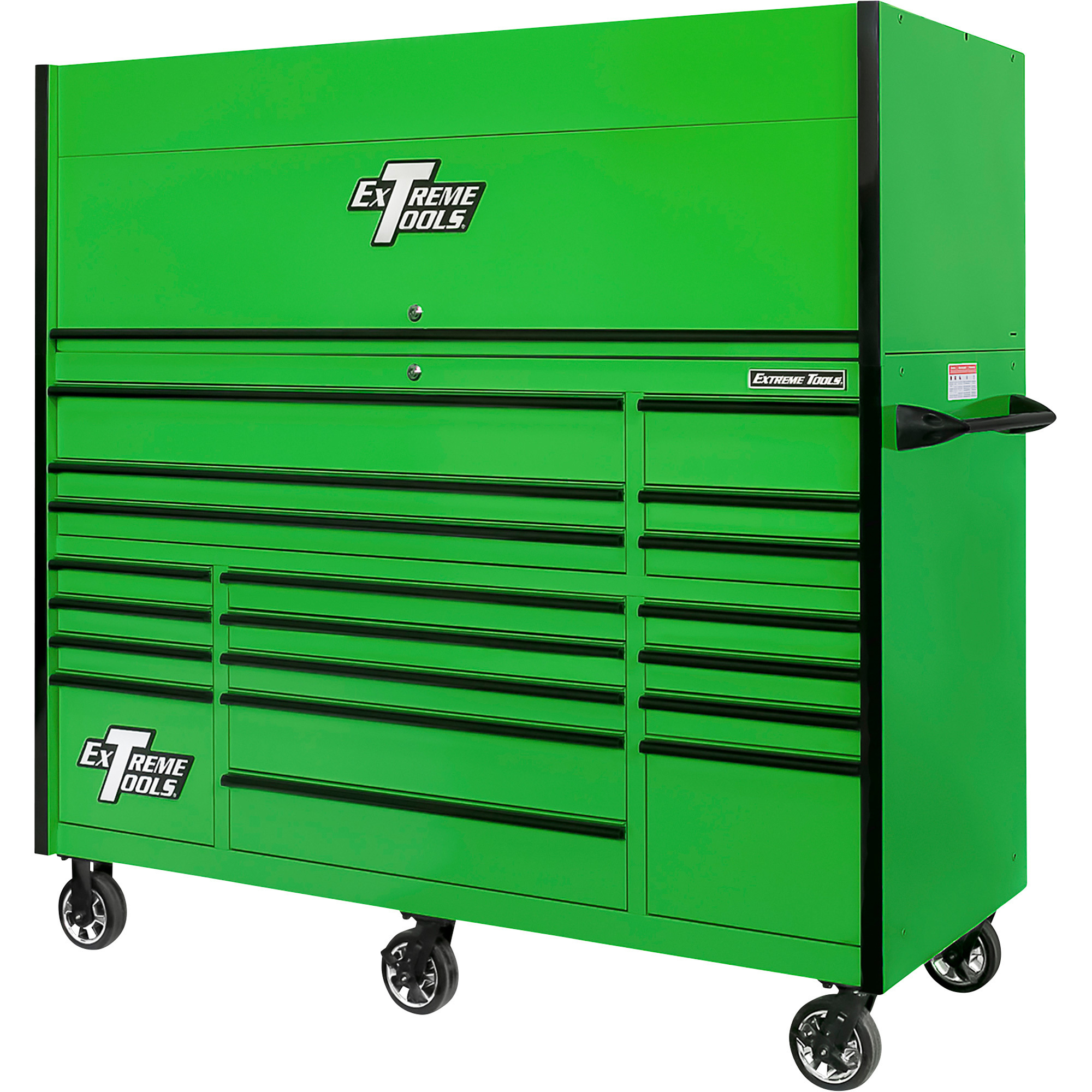 Extreme Tools Professional Hutch and 19-Drawer Roller Cabinet Combo - 72in.W, 12-Ga. Steel, 150 Lbs. Slides, Green/Black, Model# RX7220HRGK